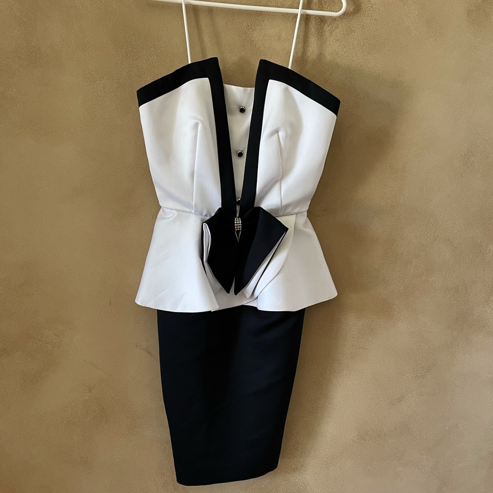 Black & white tuxedo dress with buttons & bow